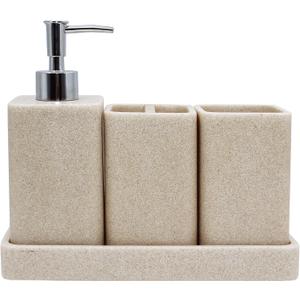 Bathroom Accessories Set, 4 Pcs Bathroom Accessory Set, Soap Dispenser, Toothbrush Holder, Qtip Holder Set, Bathroom Sets Complete, Bathroom Sink Set for Modern Home, Beige