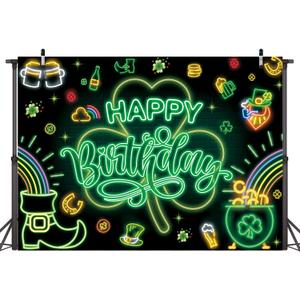 St. Patrick's Day Happy Birthday Backdrop Neon St. Patrick's Day Birthday Photography Background Ceremony Party Holiday Decoration (7x5ft)