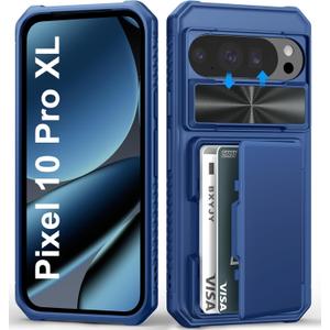 BXYJY for Google Pixel 10 Pro XL Case with Card Holder (4-5 Cards), Slide Camera Cover, Military Grade Protection, Shockproof Heavy Duty Rugged Women Men Wallet Phone Case for Pixel 10 Pro XL, Blue