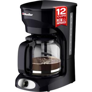 Mueller 12-Cup Drip Coffee Maker - Borosilicate Carafe, Auto-Off, Reusable Filter, Anti-Drip, Keep-Warm Function, Clear Water Level Window Coffee Machine, Kitchen Essentials & Accessories (Black)