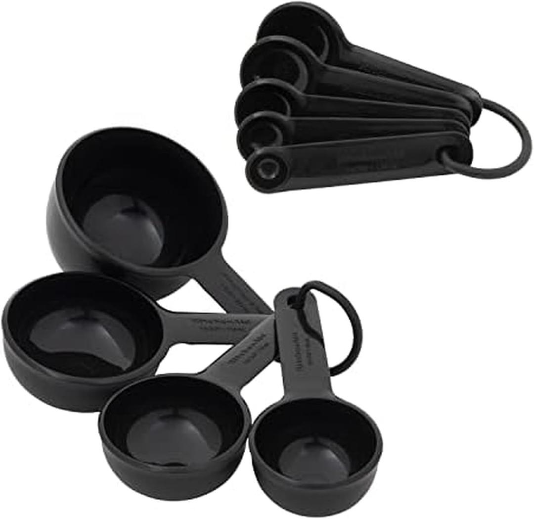 Universal Easy To Read Measuring Cup and Spoon Set with Soft Grip Handle for Maximum Control, Hang Hole and Nesting For Easy Storage, Dishwasher Safe, 9 Piece, Black