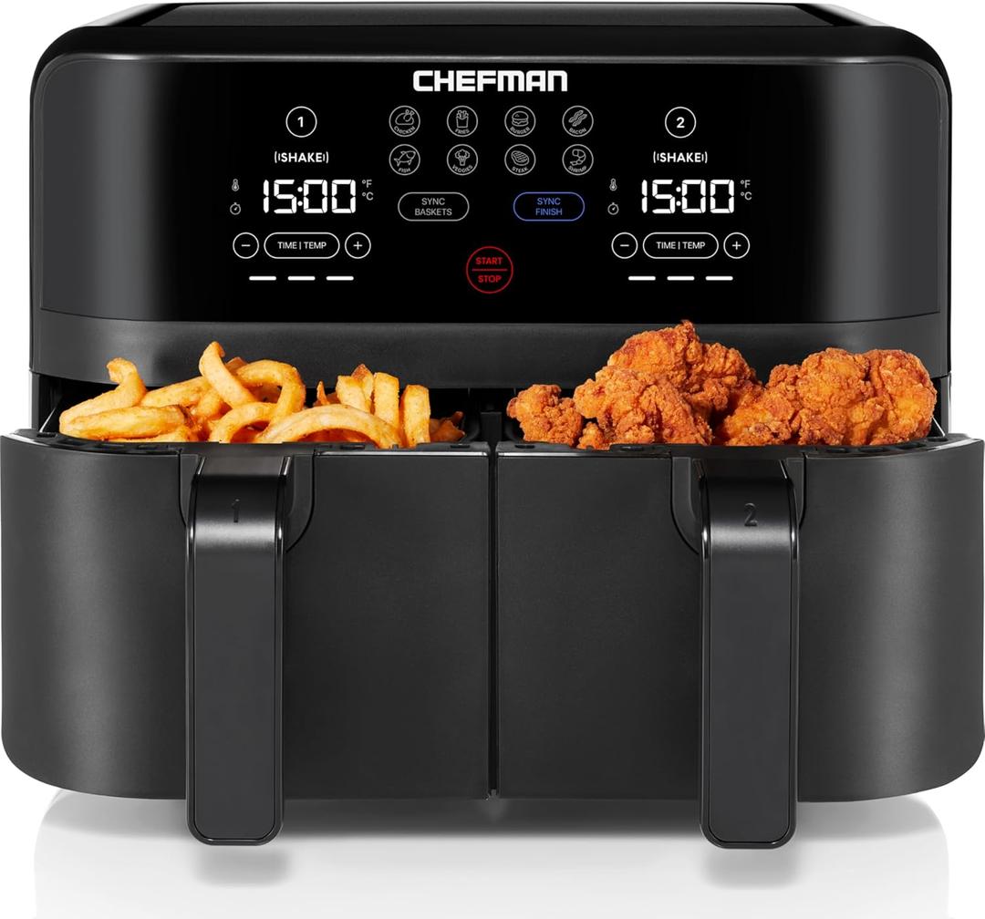 Chefman TurboFry Touch Dual Air Fryer, Maximize The Healthiest Meals With Double Basket Capacity, One-Touch Digital Controls And Shake Reminder For The Perfect Crispy And Low-Calorie Finish (9 Quart - No Window)