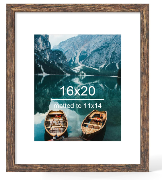 Hongkee 16x20 Frame, Rustic Brown Wood Style - Display Posters 11 x 14 with Mat or 16x20 without Mat, Wall Mounting Horizontal and Vertical, 1 Pack