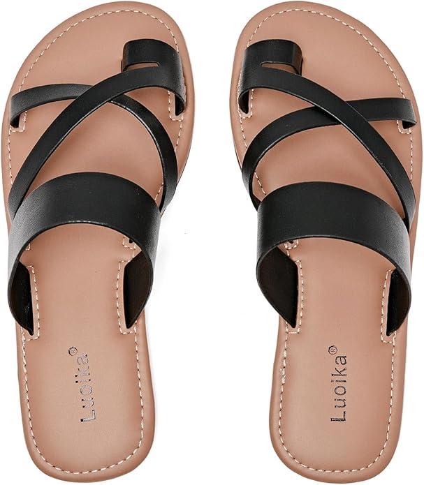 Luoika Women's Wide Width Flat Sandals, Flip Flop Slides Sandal Casual Strapy Sandal Slip on Summer Beach Shoes for Women, 9 X-Wide