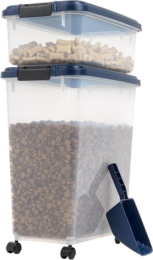 IRIS USA Airtight Dog Food Storage Container, 18.1 & 6.4 Kg Combo, Stackable Treat Box, 2-Cup Scoop, Wheels, Keep Fresh, Easy Mobility, Navy