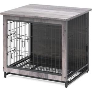 Feandrea 27.2" Dog Crate Furniture, Indoor Dog Cage Side End Table, M Pet Wood Kennel for Medium and Small Dogs up to 30 lb with Multi-Purpose Removable Tray, Double-Door Pet House, Greige