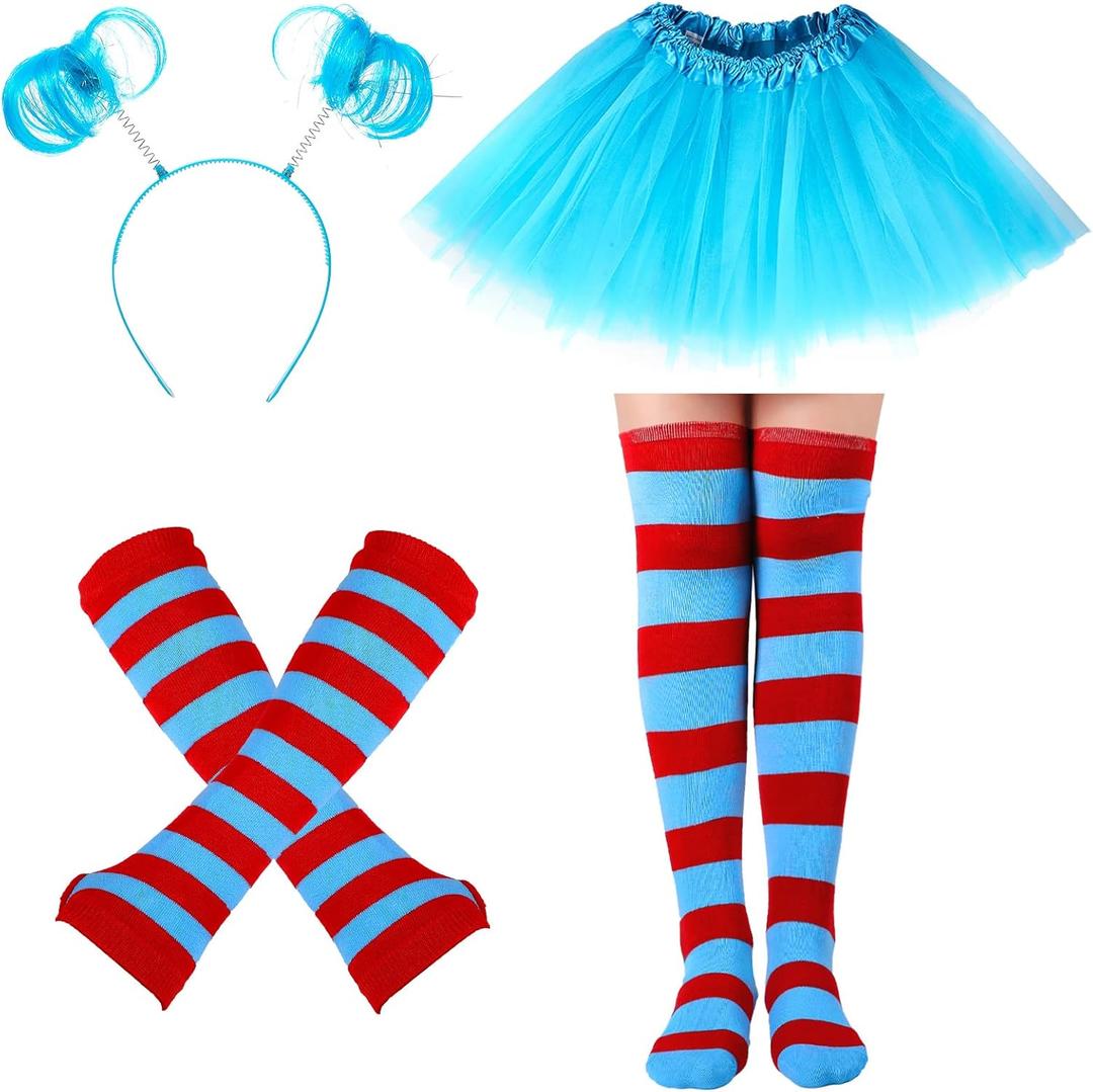 Hicarer 4 Costume Set for Women Include Red Blue Tulle Tutu Skirt Striped Socks Stretchy Gloves Ponytails Headband (Small)