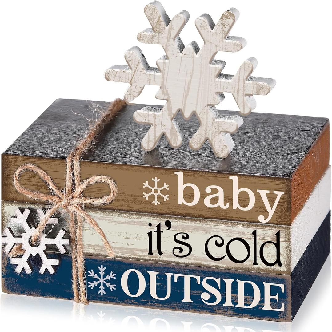 4 Pcs Winter Home Decor Winter Table Decorations Christmas Tiered Tray Decor Centerpiece Decorations Indoor Rustic Wooden Snowflake Block Sign Gift Farmhouse for Kitchen Shelf