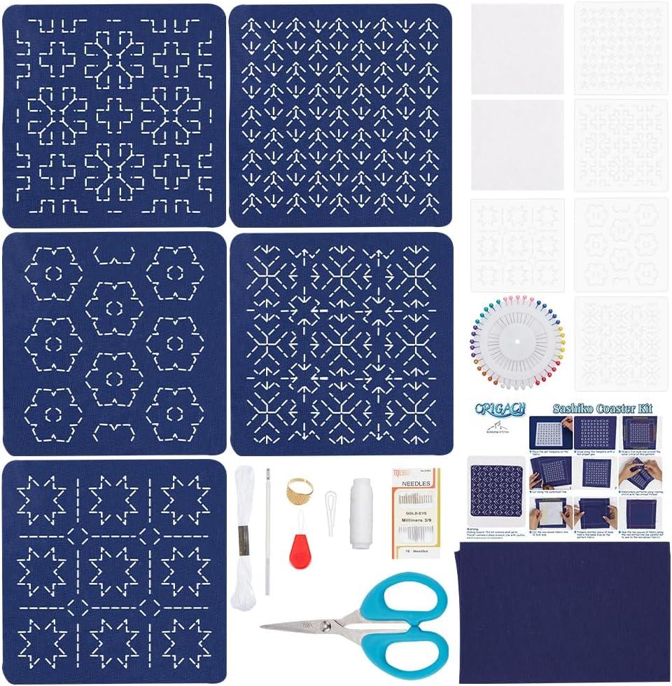 ORIGACH 5 Set Sashiko Coaster Kit, Japanese Traditional Sewing Kit, Handmade Coaster Kit with Thread, Needle, and Five Different Designs on Navy Blue Fabric