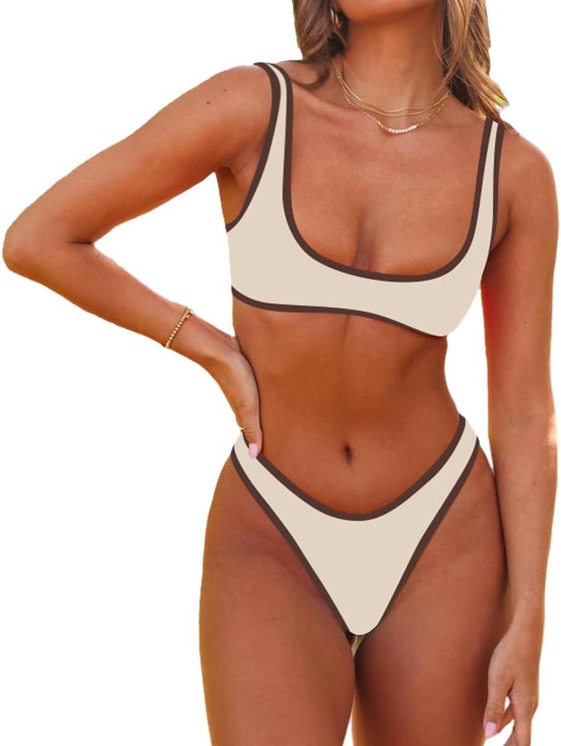 SherryDC Women's Sexy Scoop Neck Bikini Sets Color Block High Cut Thong Brazilian Two Pieces Swimsuit Bathing Suit, Size: Small, Beige
