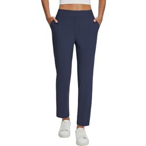 baleaf Womens Business Casual Pants Stretch Travel Pants On Airport with Zipper Pockets Dressy Slacks Golf Work Pull on (Small, Navy)