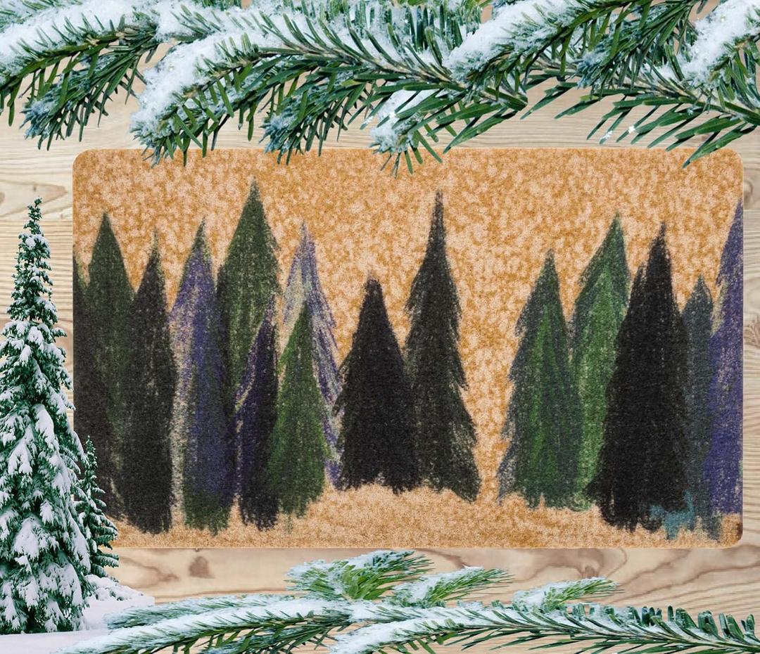 Winter Snowflakes Welcome Front-Door-Mat - Pine Trees Entrance Welcome-Doormat for Outdoor-Indoor-Entry-Rug for Outside Porch 17x29 Inch