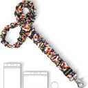 Lanyardio Stretchy Scrunchie Lanyard for ID Badges Keys, Cute Teacher Lanyard for Women with 2 Card Holders 19.6 Inch (Pink Flowers)