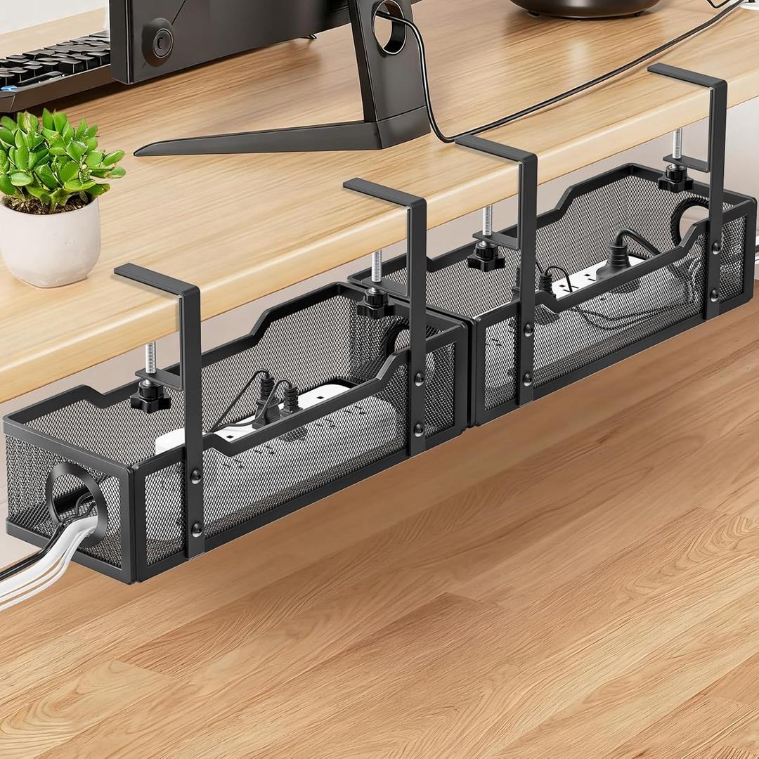 Under Desk Cable Management Tray, GZOKMOG Cord Management with Upgraded Clamp No Drill, Metal Cable Management Box for Home Office, Wire Management for Standing Desk, 2 Pack Black, 13.38 inch