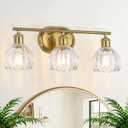 3-Light Bathroom Light Fixtures, Gold Vanity Lights for Bathroom with Ribbed Clear Tulip Glass Shade, Brass Vintage Wall Scone Lighting Over Mirror for Farmhouse,Bedroom,Living Room,Hallway