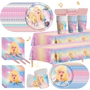 170pcs Birthday Party Supplies Paper Plates Napkins Disposable Tableware Set Paper Cups Tablecloths for Girls Fans Birthday Party Decorations Serves 24 Guests