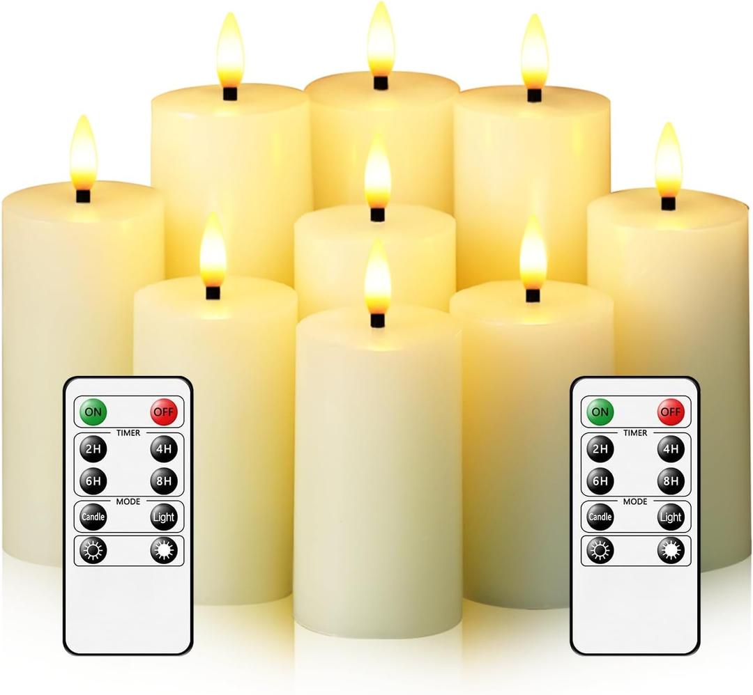 Flameless Candles Real Wax Realistic Pillar Candles, 9 Packs Battery Operated LED Candles with Remote Timer, Ideal for Halloween Home Decor IvoryD 1.6"*H 4" 4.5" 5.5"