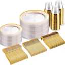 bUCLA 300Pcs Clear Gold Plastic Disposable Dinnerware Set - Clear Plates with Gold Trim Include 50 Dinner / 50 Dessert Plates,50 Cups,150 Plastic Silverware Set for Party&Wedding