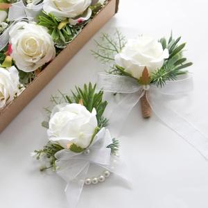 Floroom 2 pack Ivory Rose Wrist Corsage Wristlet Band Bracelet and Men Boutonniere Set for White Wedding Prom
