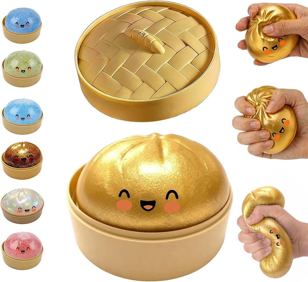 Glitter Dumpling Squishy, Mystery Glitter Dumpling Squishies Box, Colorful Dumpling Stress Balls Fidget, Jumbo Squishy Toy with Steamer Box, Soft Squeeze Decompression Dough Gift (Gold)