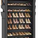 VTRIN Tall Shoe Rack with Cover, 10 Tier Shoe Organizer Storage for 50-55 Pairs Shoes and Boots Large Capacity Shoe Shelf with 8 Pockets Free Standing Shoe Rack for Closet, Entryway, Garage (Black)