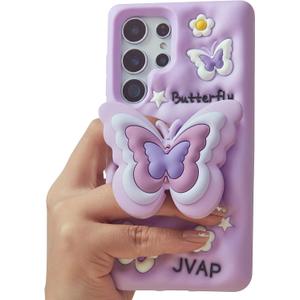Cute 3D Butterfly Pop-Up Stand and Grip Phone Case for Samsung Galaxy S24 Ultra, Kawaii Cartoon Soft Silicone Phone Cover, Adorable Girly Design for Girls, Kids, Teens, and Women