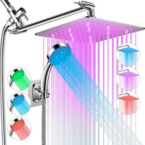 LED Shower Head with High Pressure 10'' Rain Shower Head, 11'' Adjustable Extension Arm, Color Changing Based On Water Temperature, Stainless Steel, 60'' Hose, Chrome