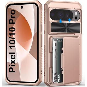 for Google Pixel 10 & 10 Pro Case with Card Holder (4-5 Cards), Military Grade Drop, Slide Camera Cover, RFID Block, Shockproof Heavy Duty Men Women Phone Case for Pixel 10 & 10 Pro, Rose Gold