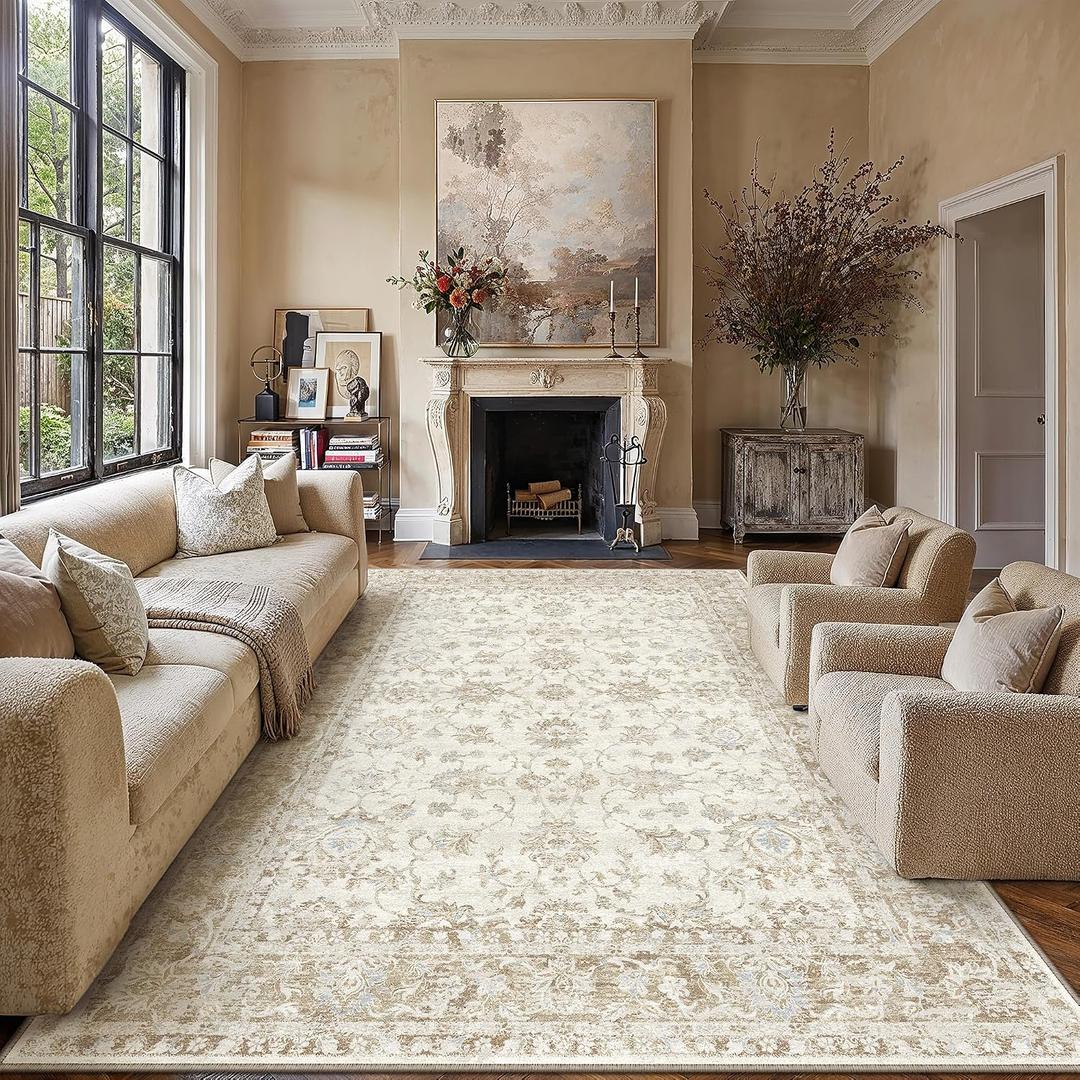 8x10 Beige Neutral Floral Living Room Area Rug