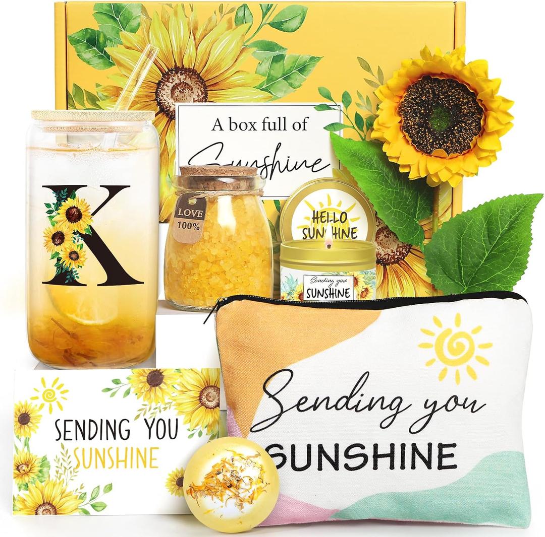 Sunflower Initial Gifts, Get Well Soon Gifts, Self Care Spa Birthday Gifts for Women Monogrammed Gifts, Sunshine Gift Baskets, Personalized Gifts