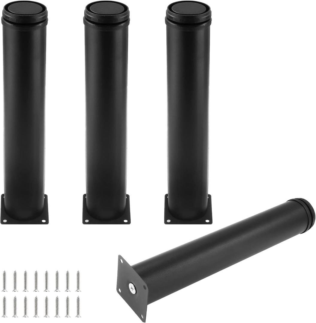 Set of 4 Stainless Steel Furniture Legs 12 Inch, Adjustable Round Cabinet Legs 2" Dia Kitchen Feet, Metal Replacement Legs for Cabinet Sofa Couch Shelves Table (Black)