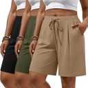 Huukeay 3 Pack Women's Plus Size Bermuda Shorts Casual Knit Drawstring Knee Length Walking Shorts with Pockets (Black, Army Green, Khaki, 3X-Large)