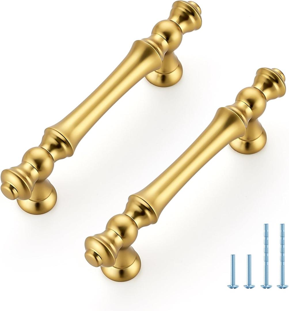 JOY DECOR 10 Pack 3 Inch Brushed Antique Brass Kitchen Cabinet Handles, Zinc Gold Drawer Pulls for Cupboard, Dresser, and Wardrobe, 3" (76mm) Hole Center, Cabinet Hardware