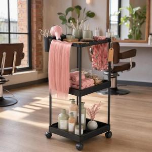Metal 3 Tiers Salon Rolling Tray,Salon Tray on Wheels,Hair Extension Holder Salon Trolley,Hairstylist Tool Storage Cart for Salon(Black)