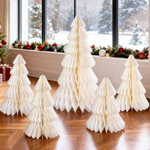 Christmas Table Decorations Indoor, 5 Pcs Large White Honeycomb Paper Christmas Trees, Vintage Light Up Table Centerpieces for Xmas Winter Wonderland Holiday Party Weddings Home Decor, 12/14/16 Inch