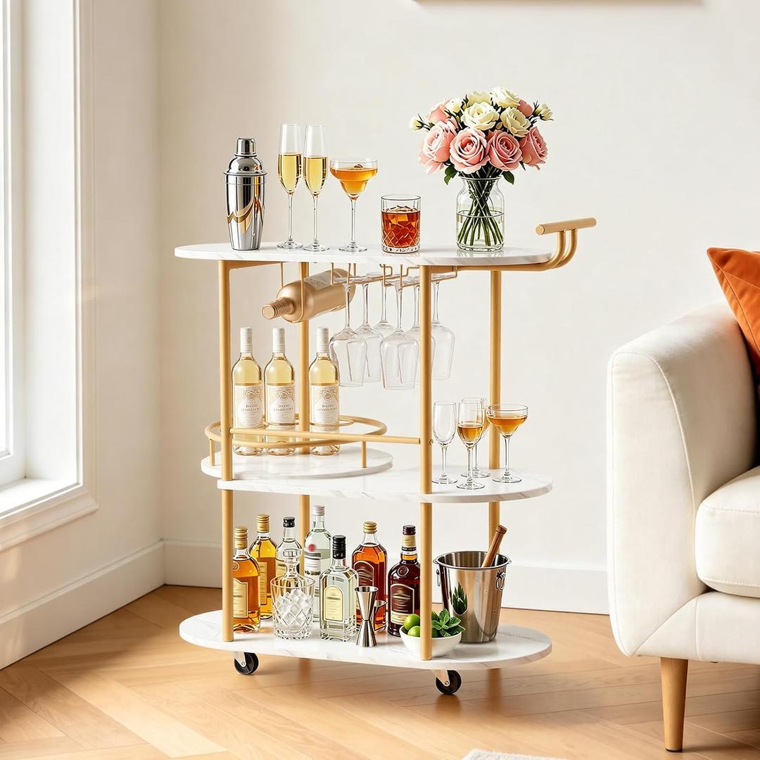 VEVOR Bar Cart, 3 Tiers Home Kitchen Serving Carts, Modern Round Rolling Utility Station on Wheels, Mobile Drink Beverage Trolley w/Wooden Shelf, Wine Rack, Glass Holder, for Living Dining Room, Gold, 33" Entertaining