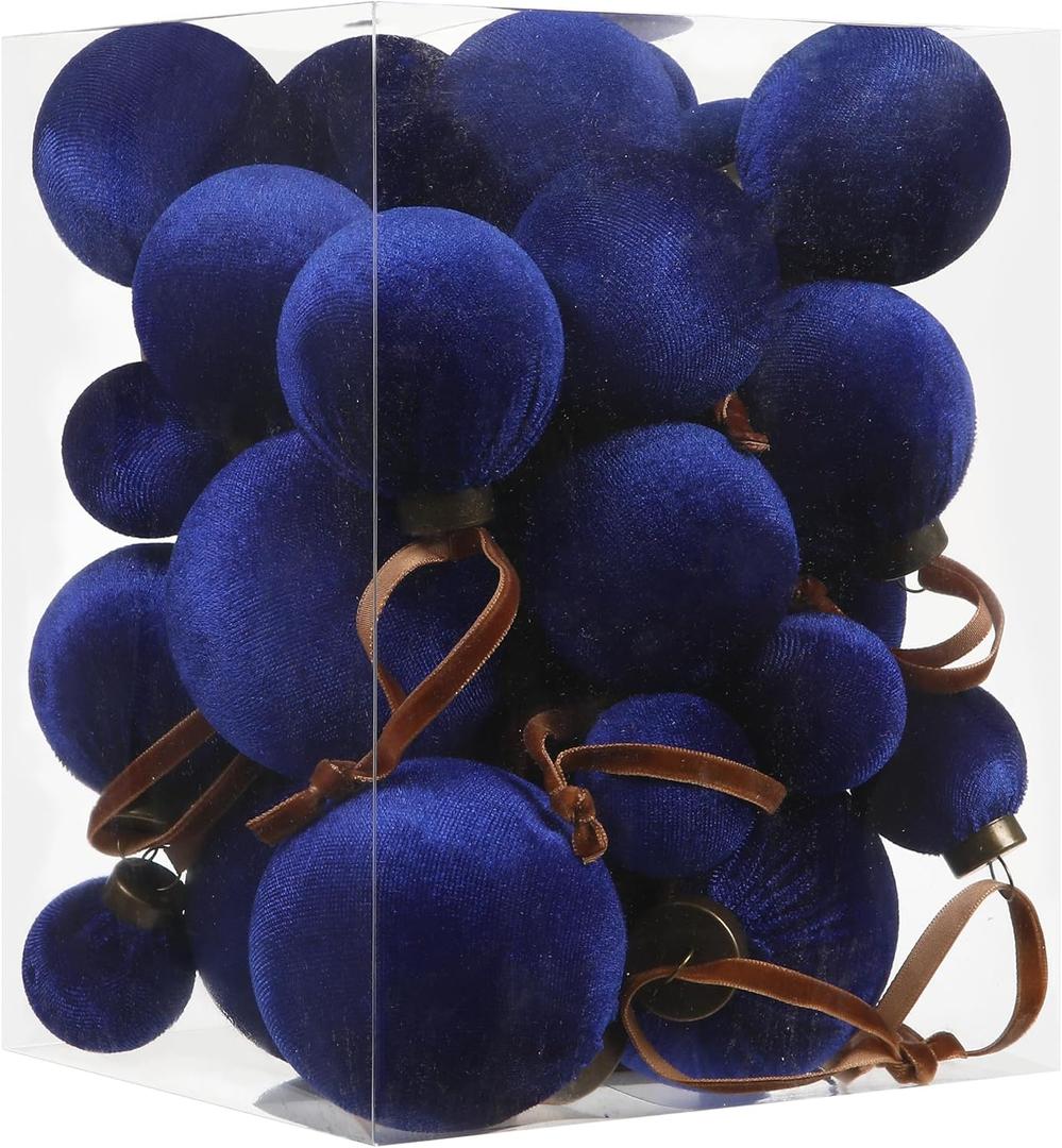 Sea Team 32-Pack Flocked Velvet Cloth Christmas Tree Ball Ornaments Set, Hanging Velour Baubles, Shatterproof Plastic Decorations for Xmas Tree, Wreath, Garland, Multi-Sized, Royal Blue