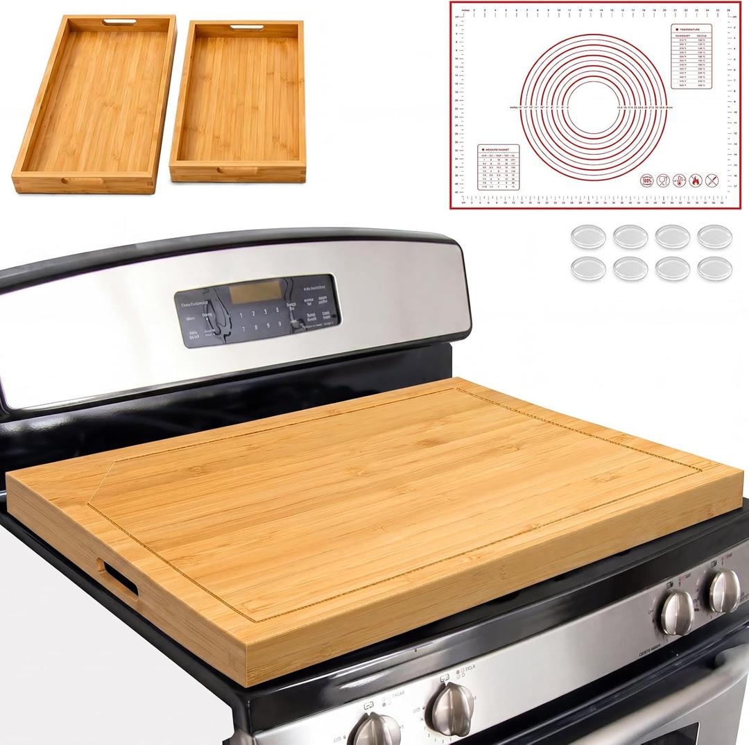 Bamboo Stove Top Cover Set with Handles, 30 x 22 in Noodle Board for Gas & Electric Stove, Reversible Cutting Board for Extra Counter Space, Silicone Pastry Mat and 2 Serving Trays