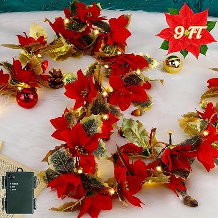 Glintoper Christmas Poinsettia Garland, 9 FT Lighted Artificial Garlands with Red Flowers, Battery Operated with Timer Poinsettia String Lights, Light up for Xmas New Year Holiday Home Decor