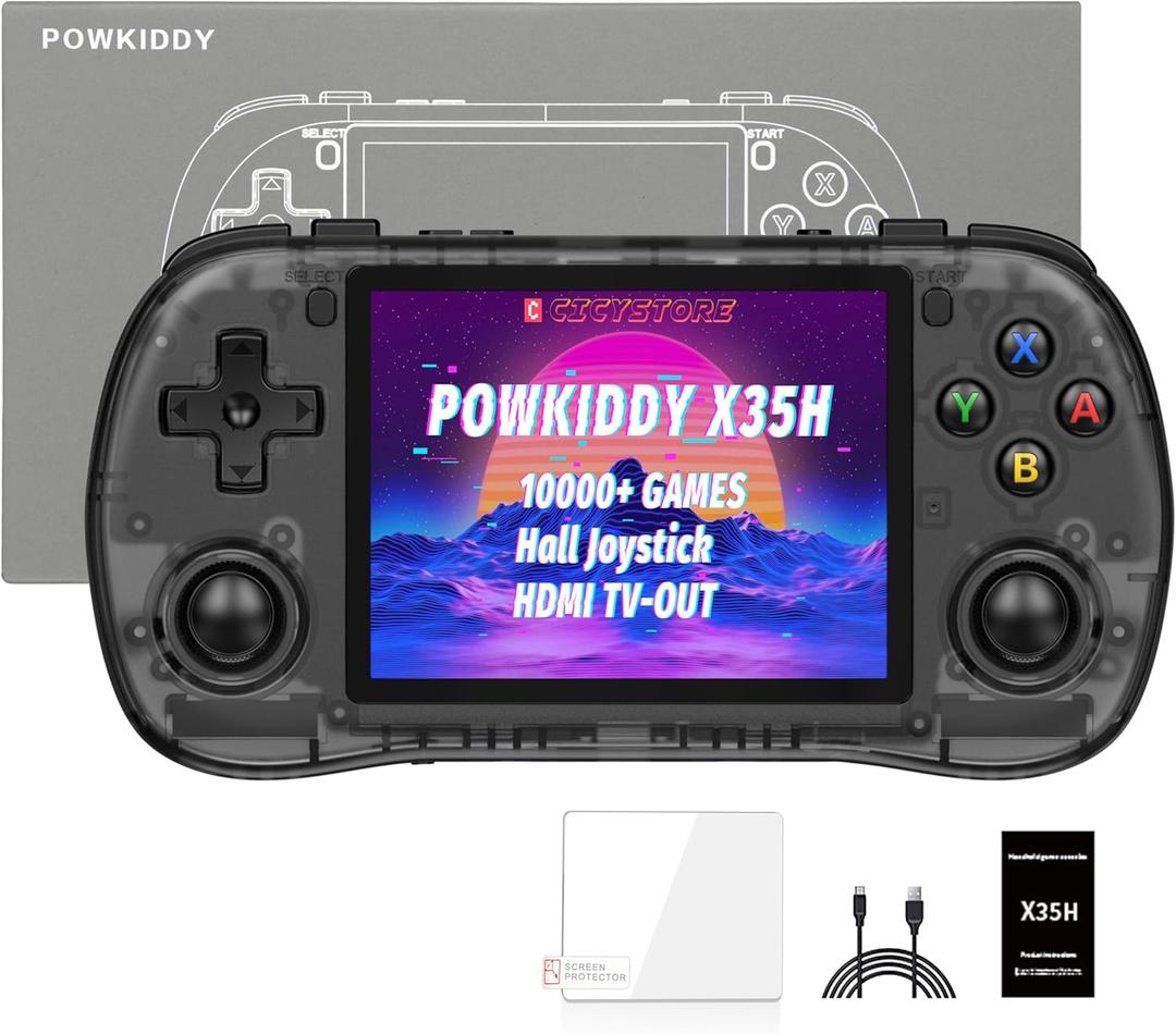 Powkiddy X35H Retro Handheld Game Console, - 10,000+ Games, 3.5" IPS, HDMI TV-Out, 4-6 Hour Playtime, Hall Joysticks, 64GB+ Dual Slots (Transparent Black)