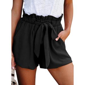 Dokotoo Womens Casual Summer 2024 Ruffle Belted Elastic Waist Shorts with Pockets (Small, Black)