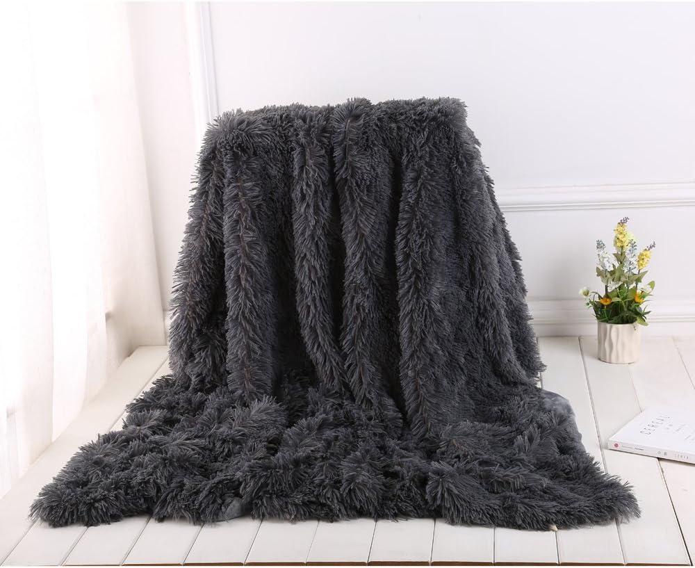 Super Soft Shaggy Faux Fur Blanket Ultra Plush Decorative Throw Blanket for Winter(Black Gray,60"X80")