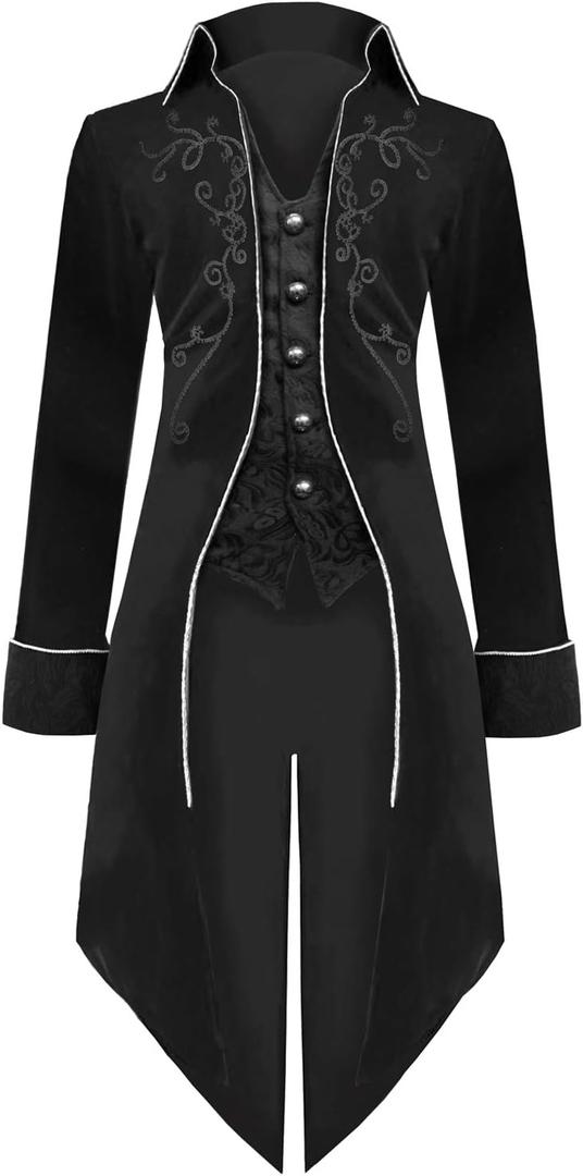 Medieval Steampunk Tailcoat Halloween Costumes for Men, Renaissance Pirate Vampire Gothic Jackets Vintage Warlock Frock Coat (XX-Large, Black)