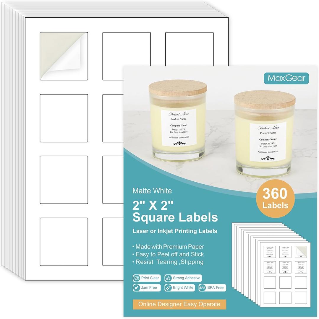 3 x MaxGear 2" x 2" Square Labels, for Inkjet or Laser Printer, Matte White Printable Sticker Labels Sheets, Strong Adhesive, Dries Quickly, Holds Ink Well, 360 Pcs