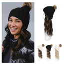 HOOJIH Knitted Beanie Wig, Hat Hair Extension Long Wavy Curly Black Hat Wig with Faux Fur Pom Attached 12 Inch Synthetic Hairpiece for Women Girls Winter - Black Brown with Highlights