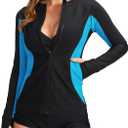 SANTINY Women's Rash Guard Zipper Pockets UPF50+ Sun Protection Long Sleeve Swimsuit Top Zip Front Swim Shirt for Women (Black # Sky Blue, XS)