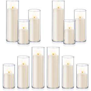 24 PCS Ivory White Pillar Candles with Glass Candle Holders Clear Hurricane Candle Holders Glass Cylinder Vases for Centerpieces Wedding Party, Event, Home Office (12 Candles+12 Candle Hoders)