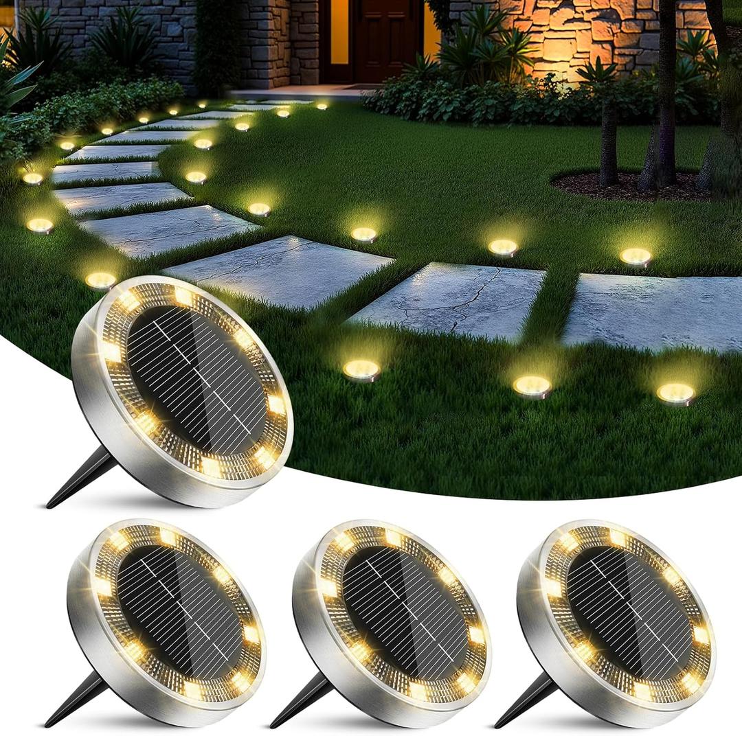 4 Pack Solar Ground Lights Outdoor, 8 LED Mini Flat Solar Disk Lights, IP65 Waterproof Anti-Rust Disc Light, Landscape Lighting for Garden Pathway Yard Walkway Driveway Lawn,Warm White