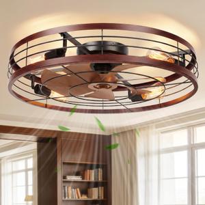 VOLISUN 27.6'' Caged Ceiling Fan with Light and Remote,Rustic Low Profile Ceiling Fan with Light Flush Mount, Farmhouse Bladeless Fandelier Ceiling Fans with Lights for Kitchen,Bedroom-Wood