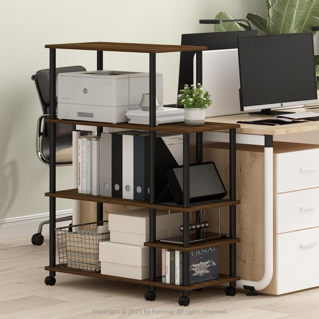 Furinno Turn-N-Tube 4-Tier Wide Toolless Multipurpose Printer Stand Display Storage Shelf with Wheels, Columbia Walnut/Black, Size: 3-Tiers Storage (Large)